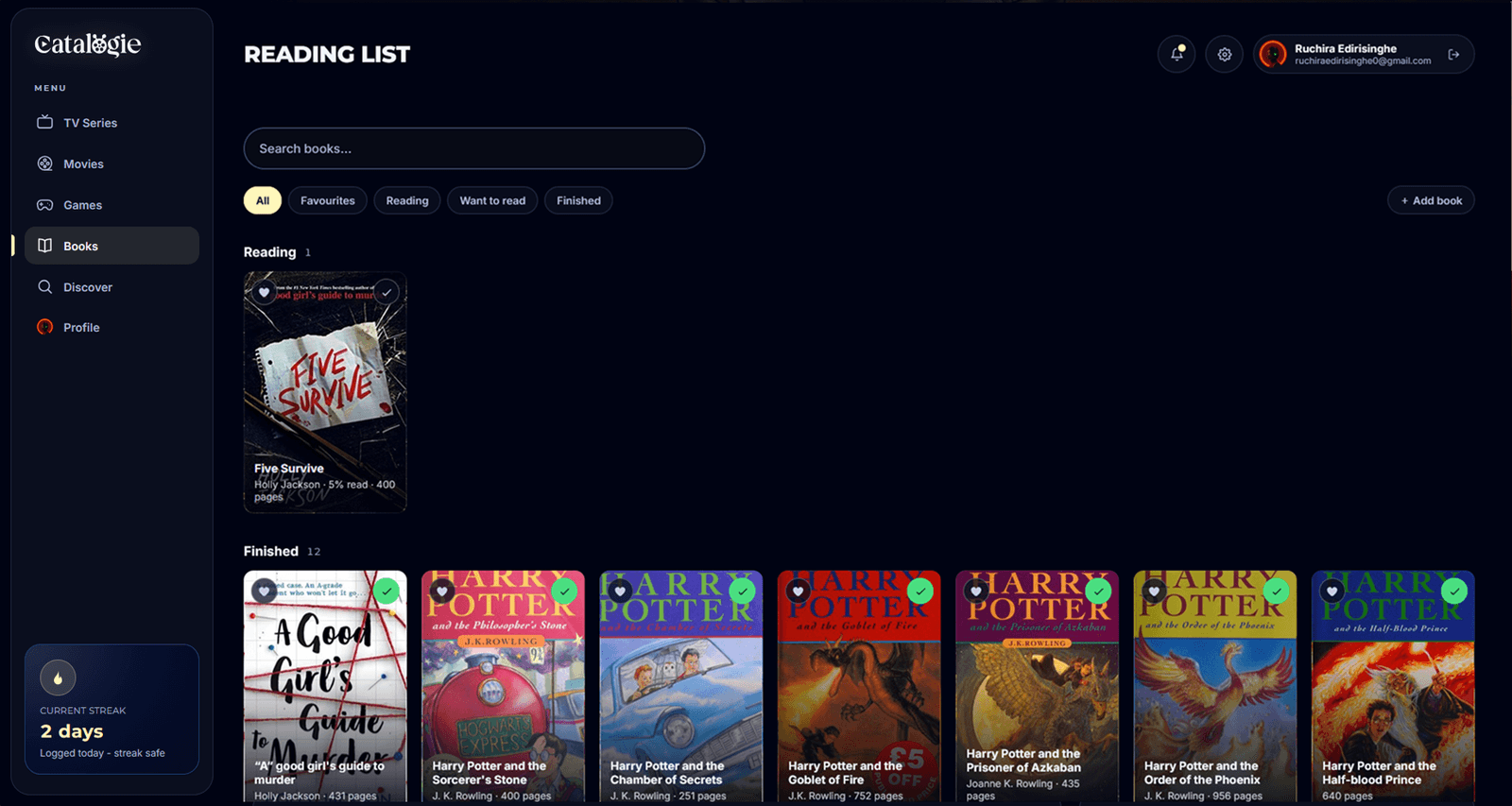 Catalogie - reading list with page progress
