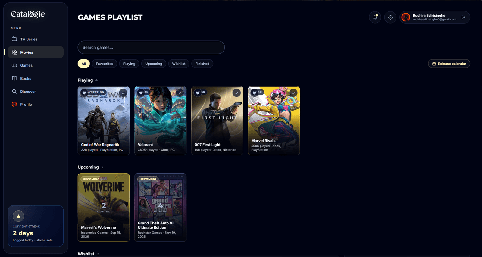 Catalogie - games playlist with hours played