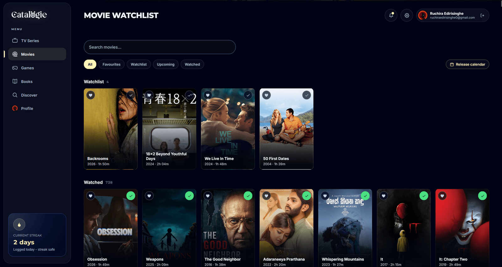 Catalogie - movie watchlist and watched grid
