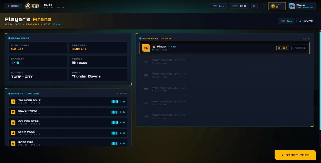 Horse Racing Elite - Lobby · runners & odds