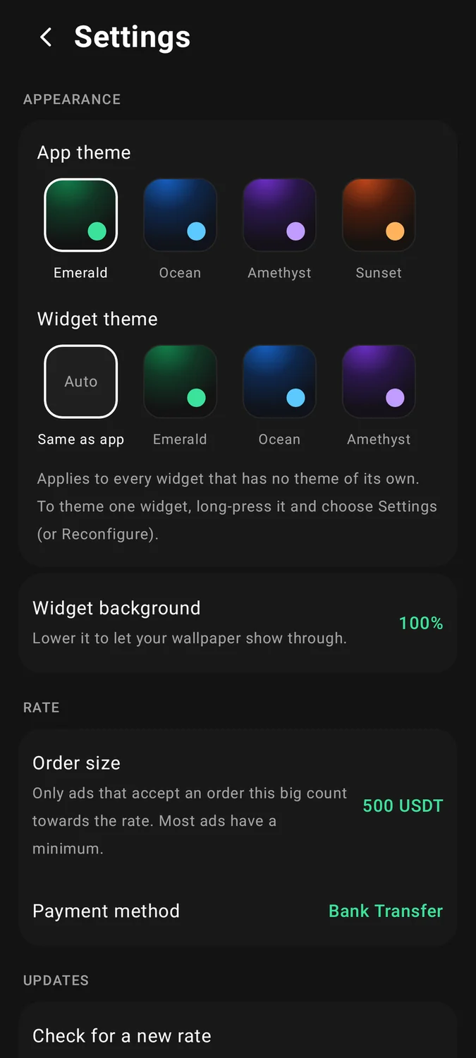LKR P2P Rate - Settings - themes and rate