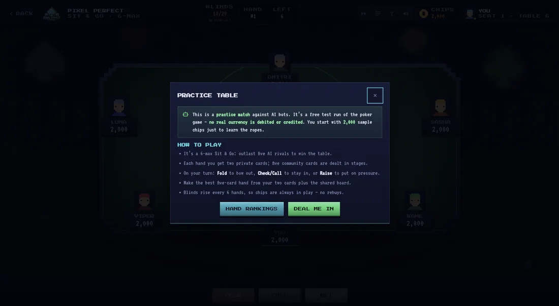 Pixel Perfect Poker - Practice table briefing