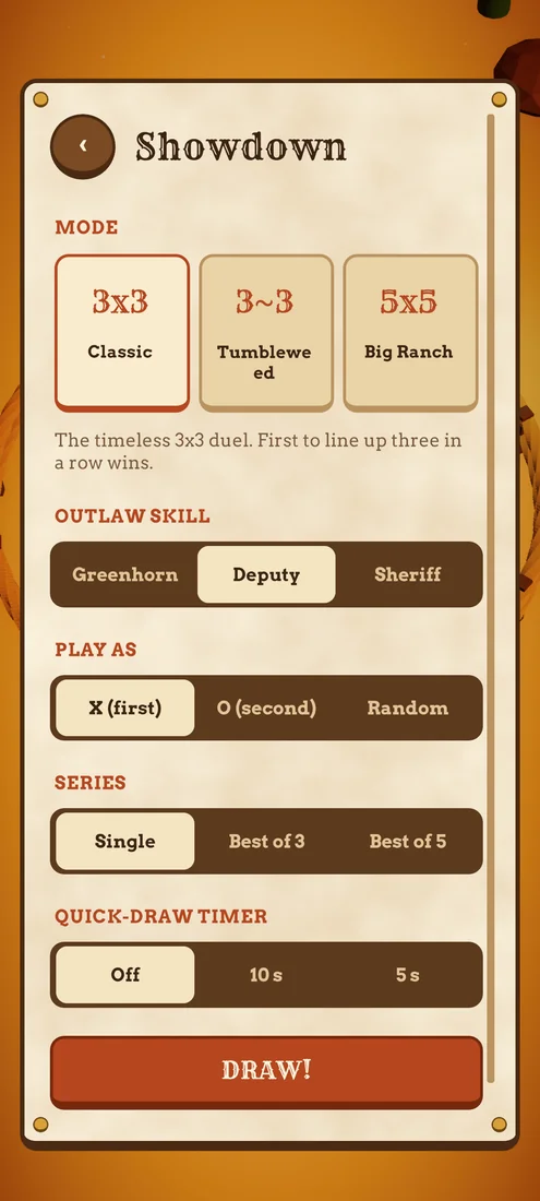 Tic-Tac-Toe Showdown - Showdown setup - mode, AI skill, series, timer